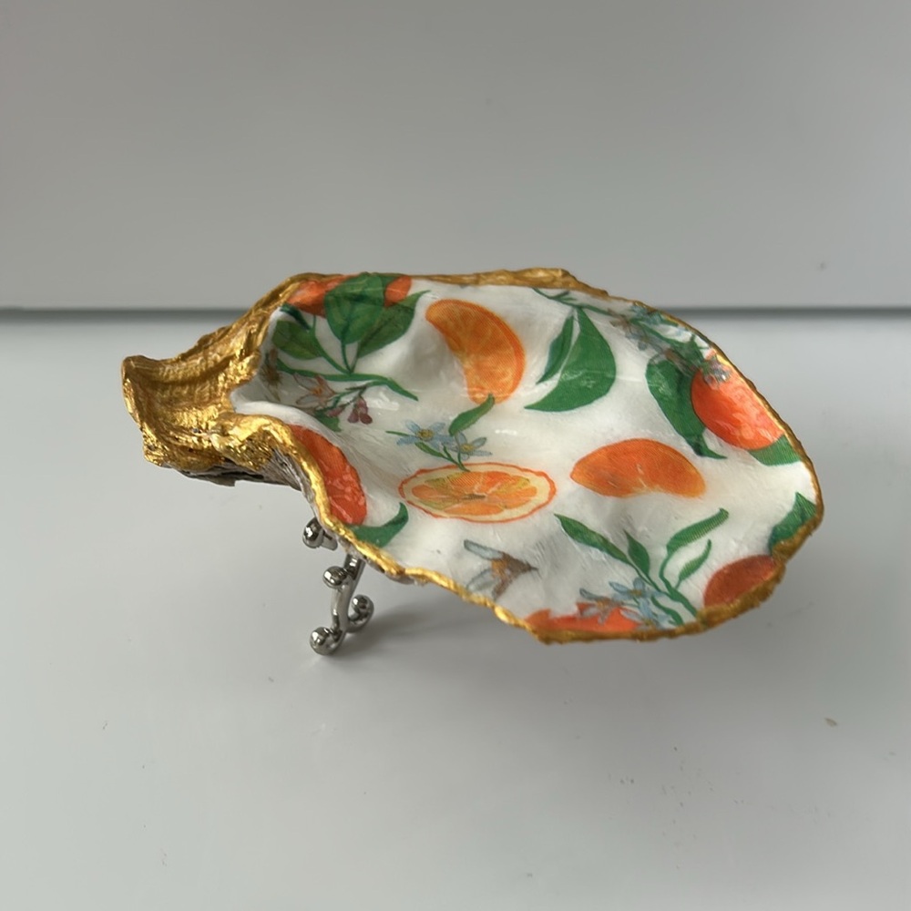 Handmade Decorative Gold and Orange Oyster Shell Dish with Stand